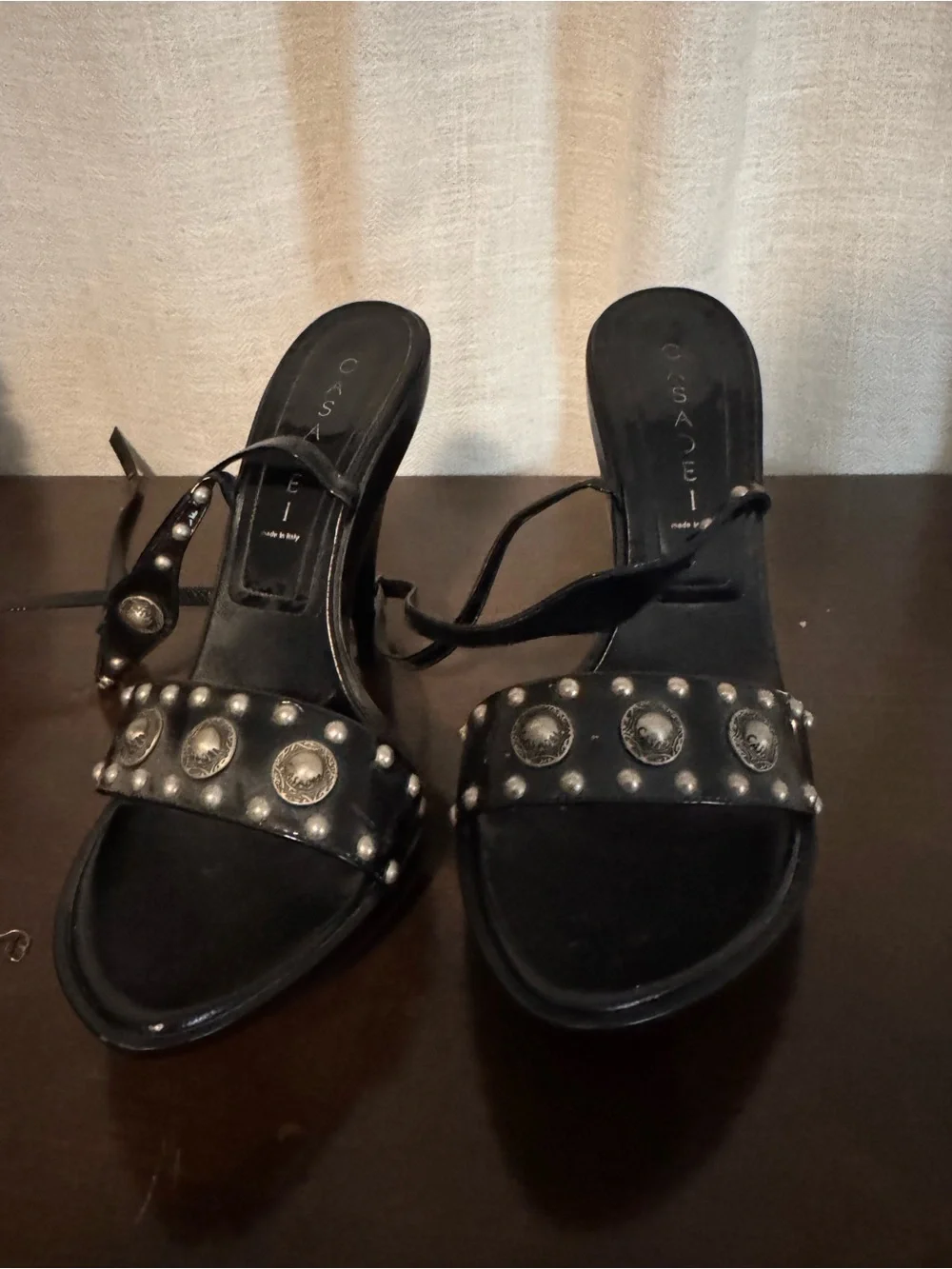 Casadei Black Patent Leather Studded Mule Heels